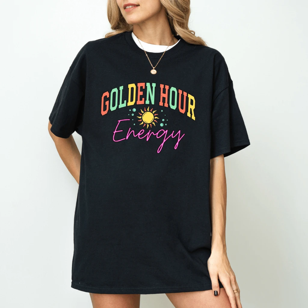 Golden Hour Energy Retro Sunset T-Shirt - Summer Vibes Gift for Her - back view
