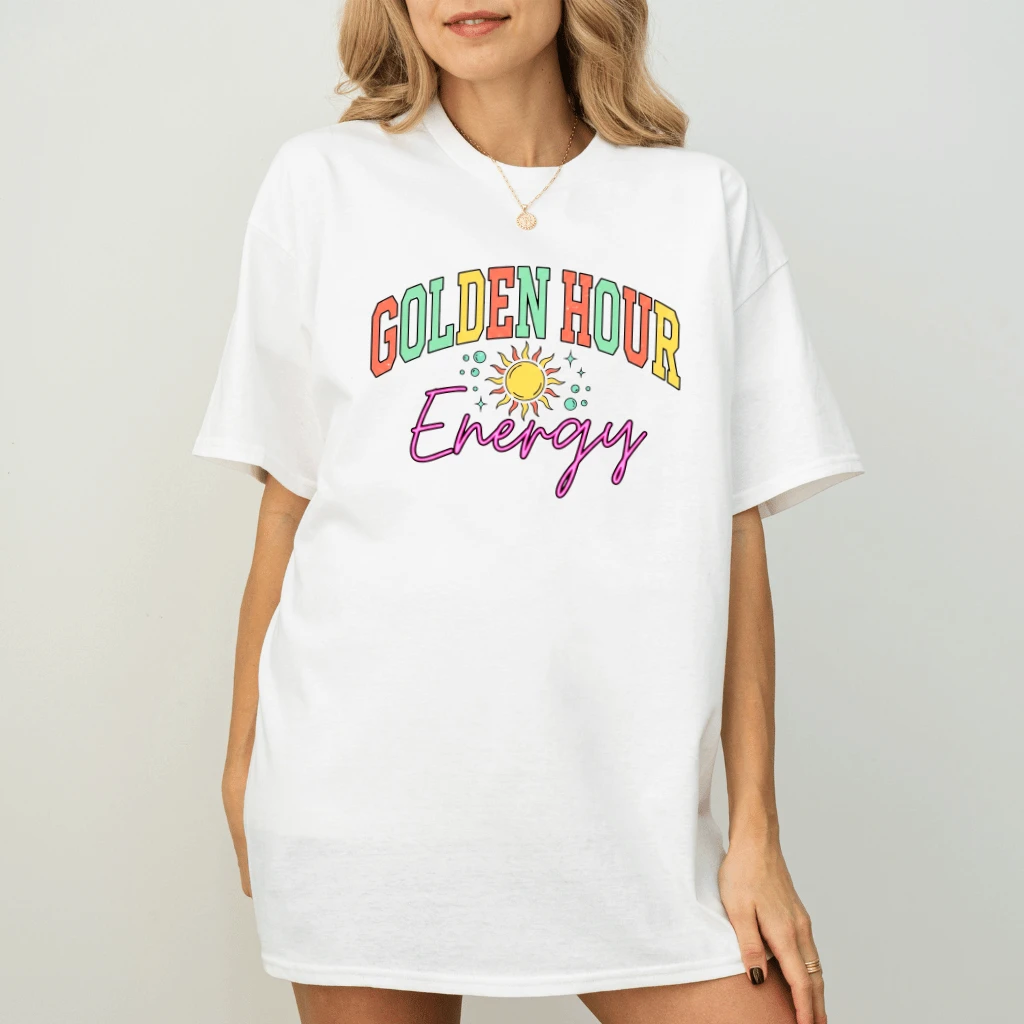 Golden Hour Energy Retro Sunset T-Shirt - Summer Vibes Gift for Her - detail view