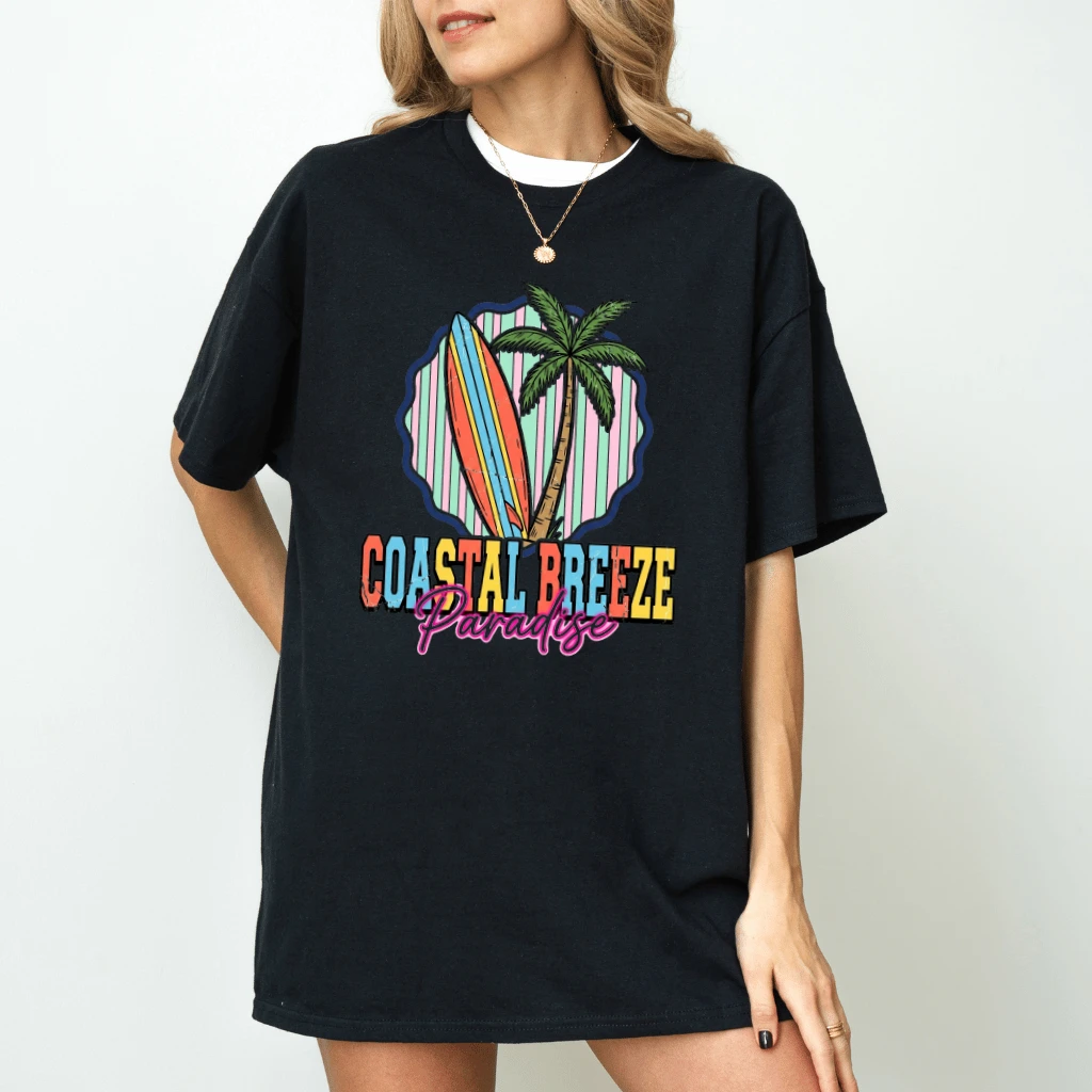 Coastal Breeze Paradise Retro Summer Vacation T-Shirt - Tropical Beach Gift for Her - detail view