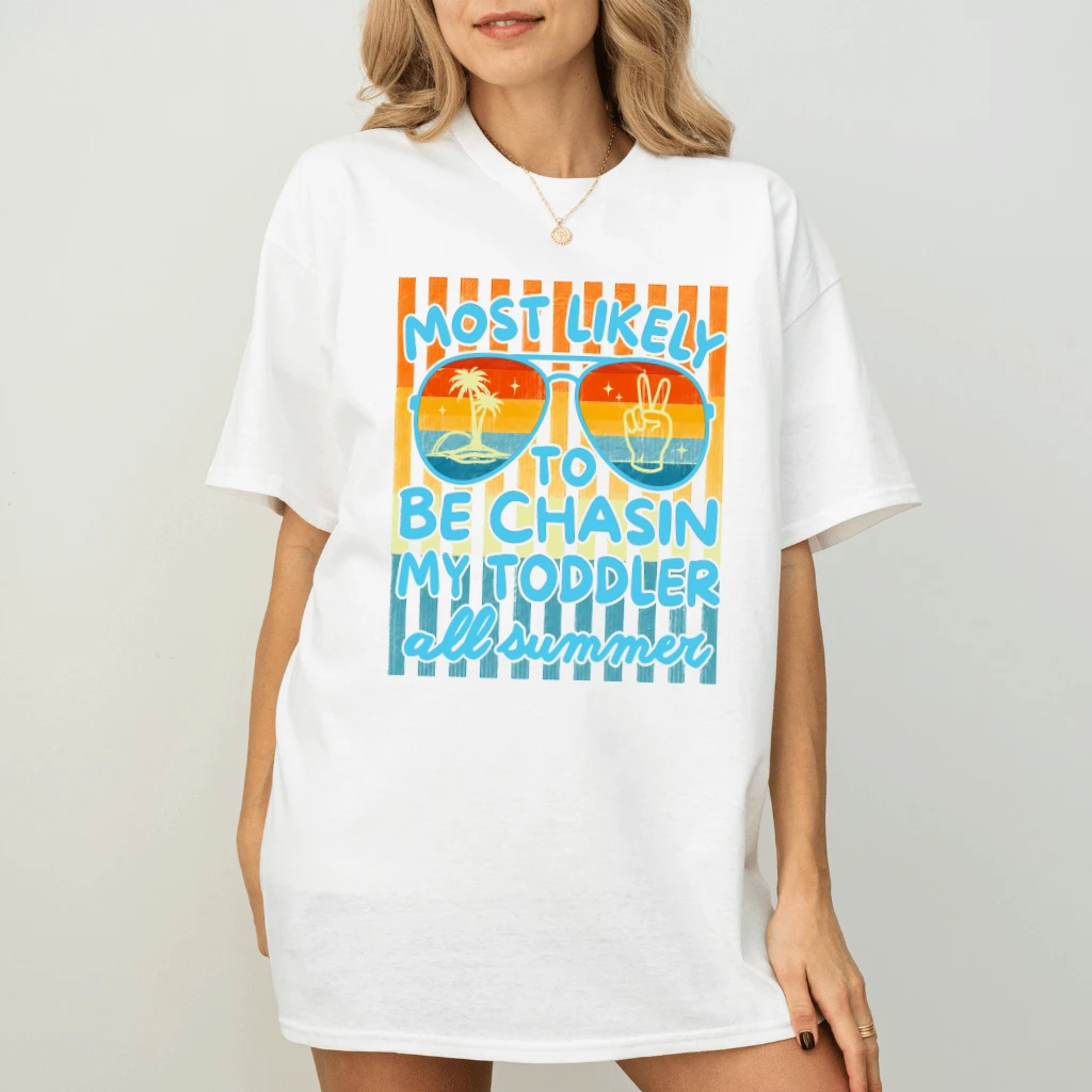 Most Likely To Be Chasin My Toddler All Summer T-Shirt - Striped Summer Vibes Gift for Her - back view