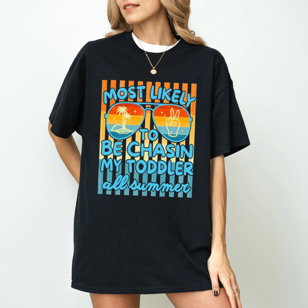 Most Likely To Be Chasin My Toddler All Summer T-Shirt - Striped Summer Vibes Gift for Her - detail view