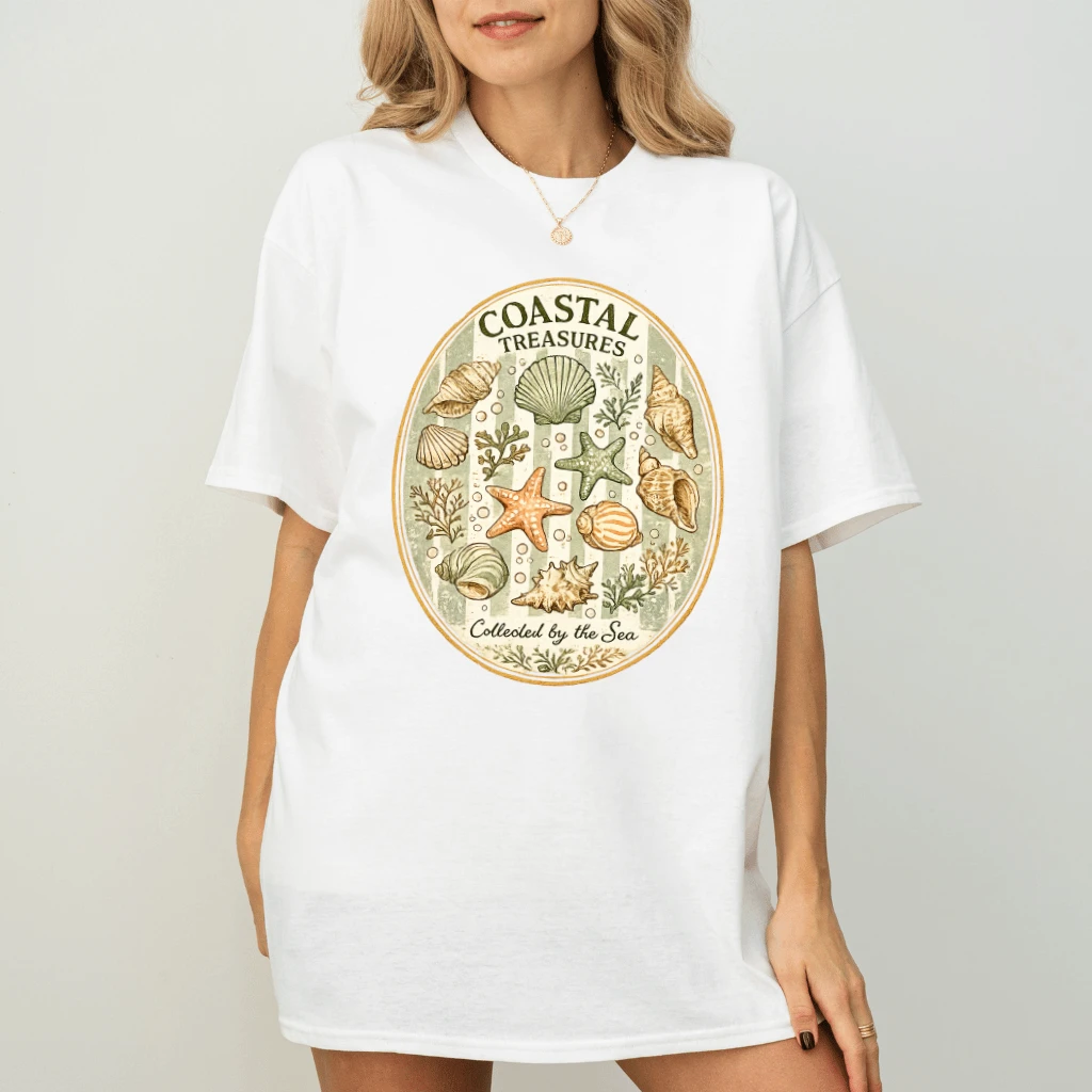 Vintage Coastal Treasures Collected By The Sea Ocean Vibes T-Shirt - Ideal Gift for Beach Lover - detail view