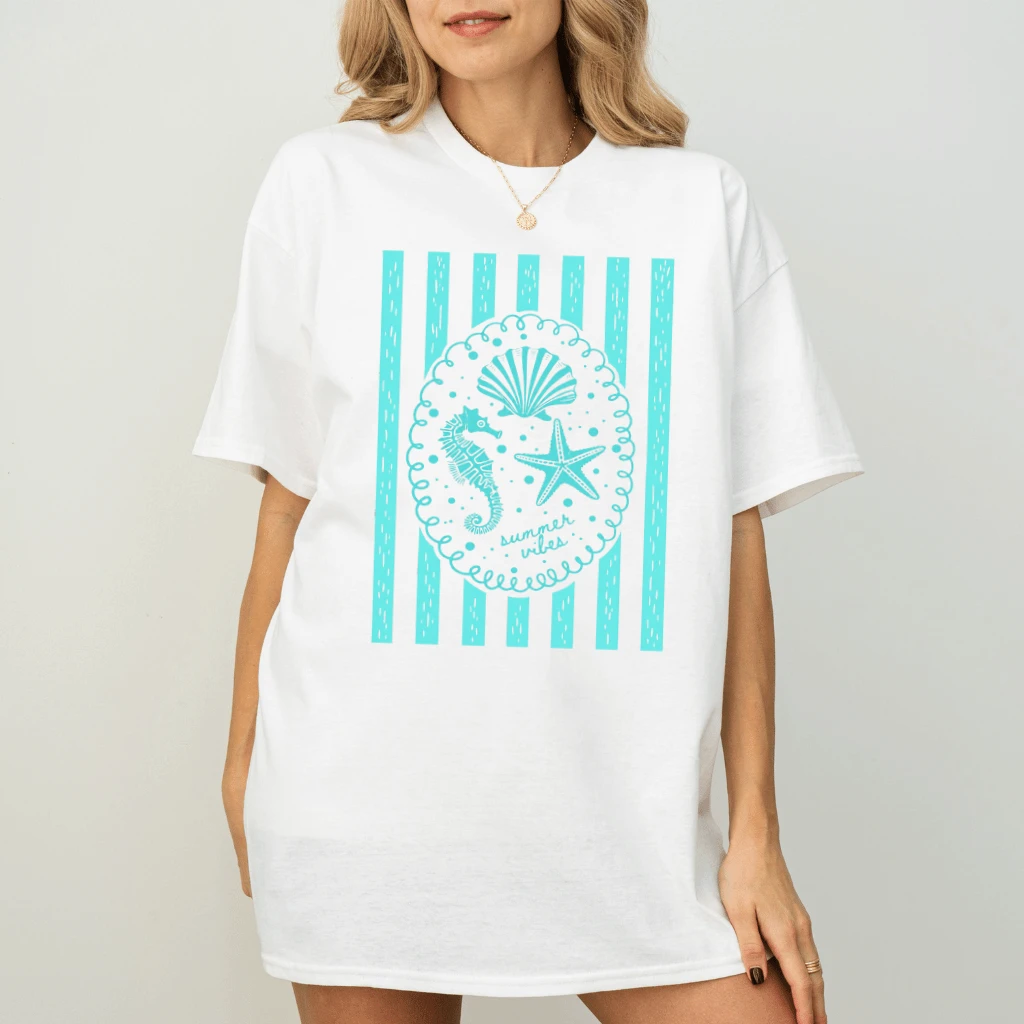 Blue Stripes Minimalist Seashell T-Shirt - Beach Vibes Gift for Her - back view
