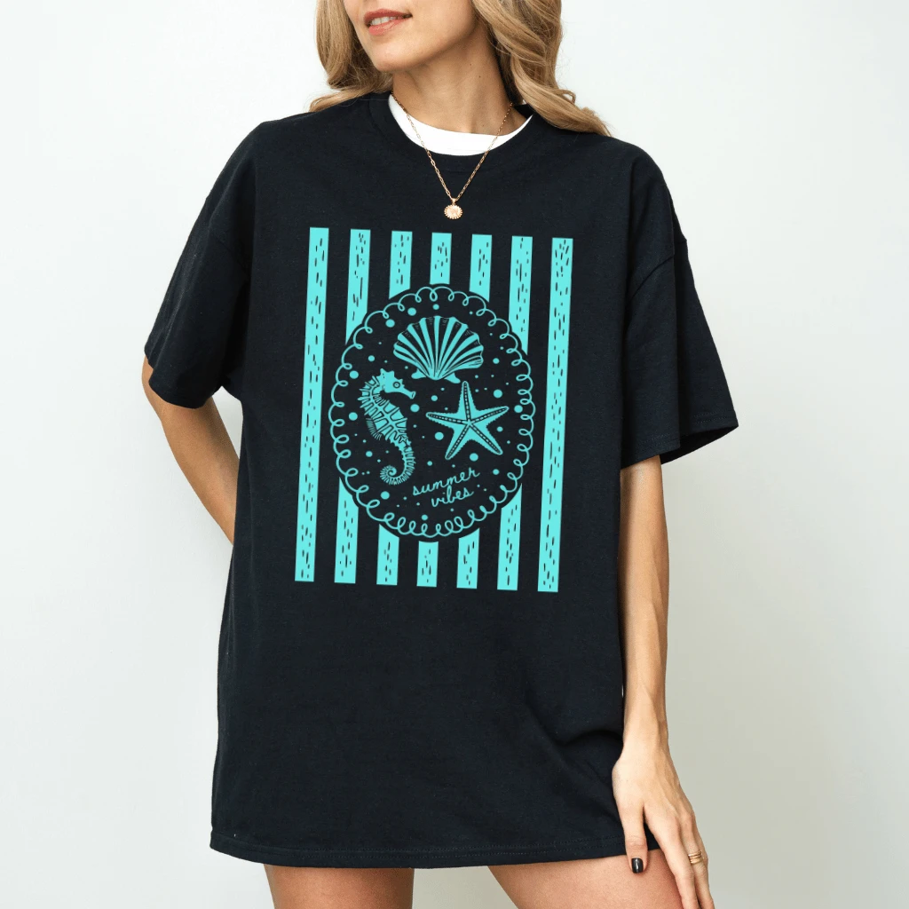 Blue Stripes Minimalist Seashell T-Shirt - Beach Vibes Gift for Her - detail view