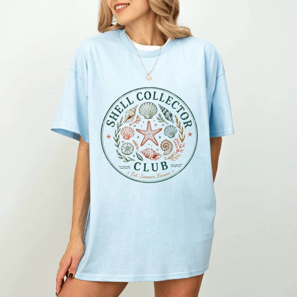 Shell Collector Club Summer Ocean Vibes T-Shirt - Funny Seashell Gift for Beach Lover - detail view