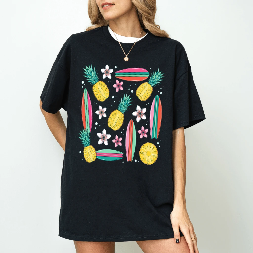 Funny Floral Pineapples Summer Fruits T-Shirt - Summer Vibes Gift for Her - back view