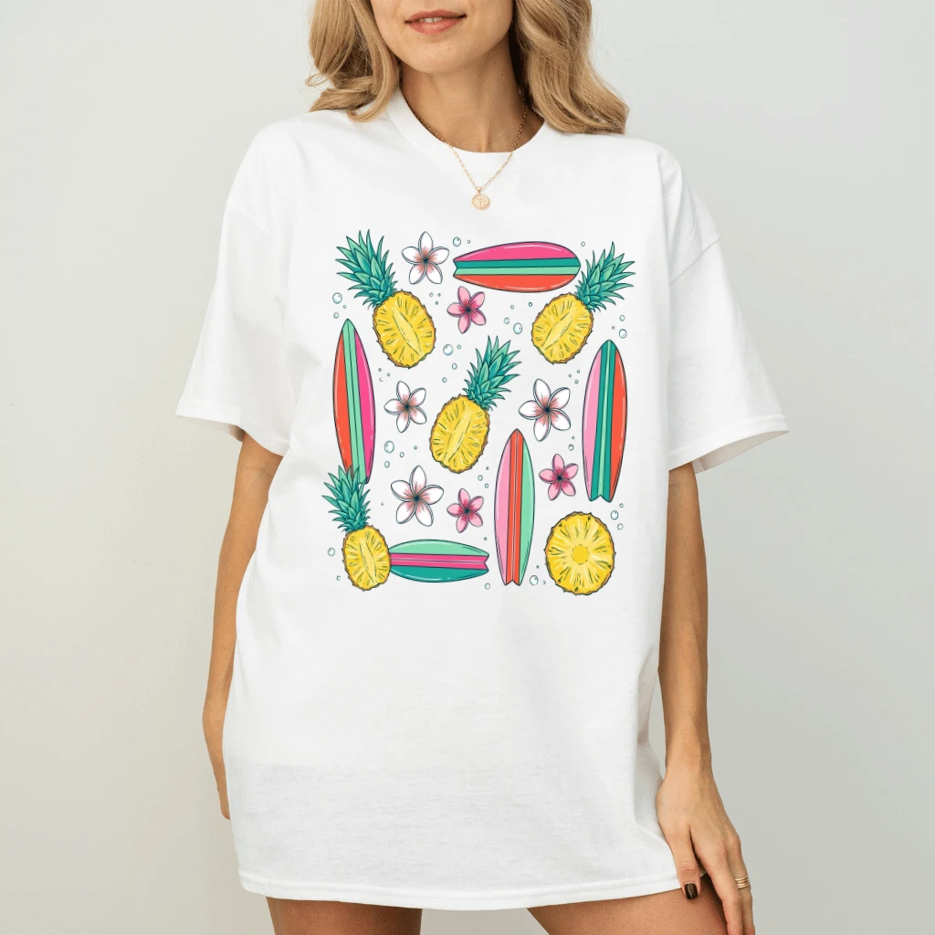 Funny Floral Pineapples Summer Fruits T-Shirt - Summer Vibes Gift for Her - detail view