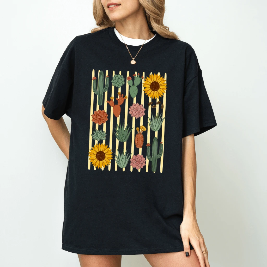 Floral Striped Cactuses Summer Garden T-Shirt - Summer Vibes Gift for Her - back view