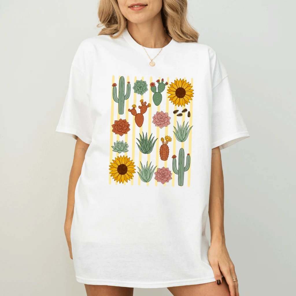 Floral Striped Cactuses Summer Garden T-Shirt - Summer Vibes Gift for Her - detail view