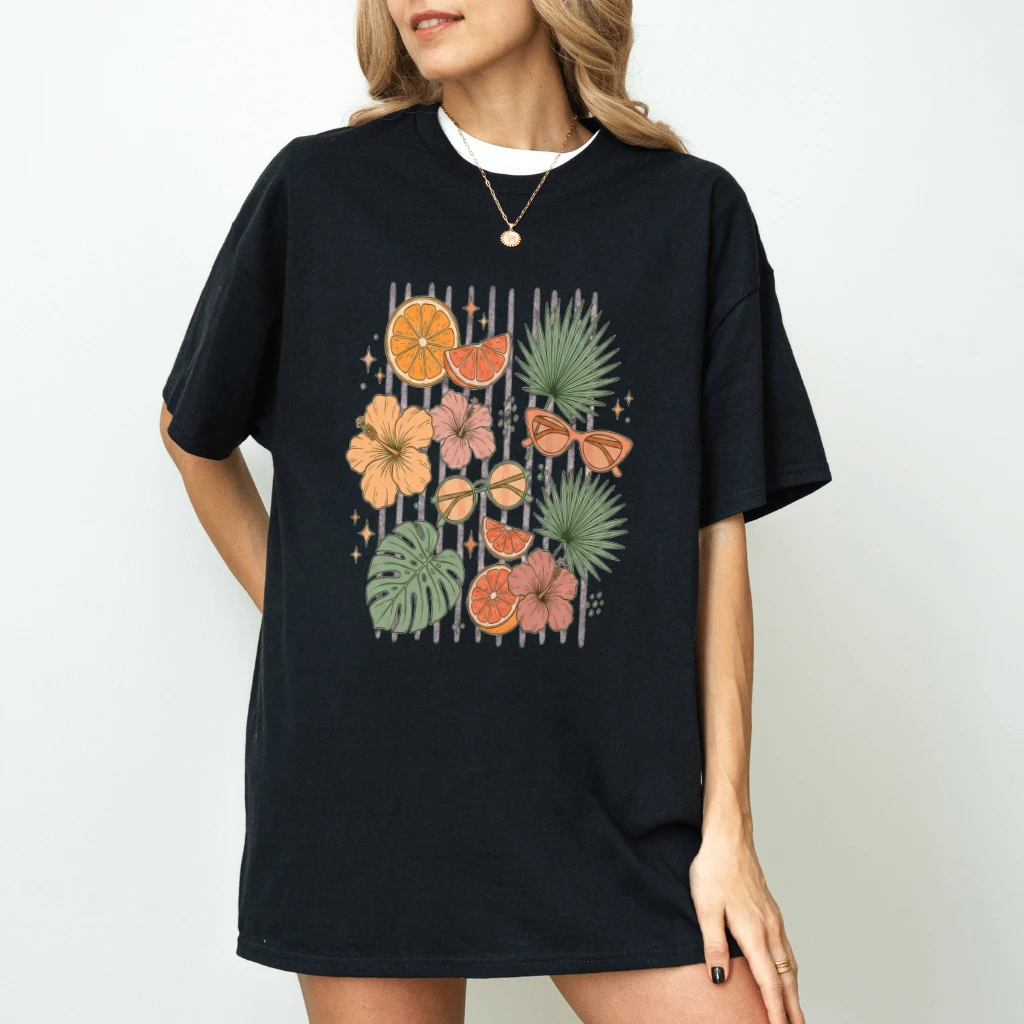 Vintage Tropical Summer T-Shirt - Cute Summer Vibes Gift for Her - back view
