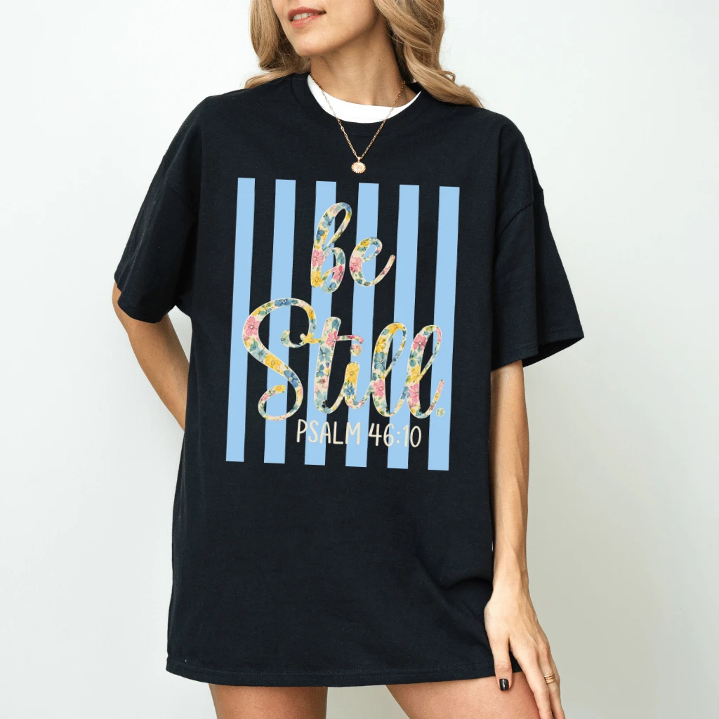 Floral Blue Striped Be Still Psalm 46:10 Jesus Bible T-Shirt - Christian Gift for Her - back view