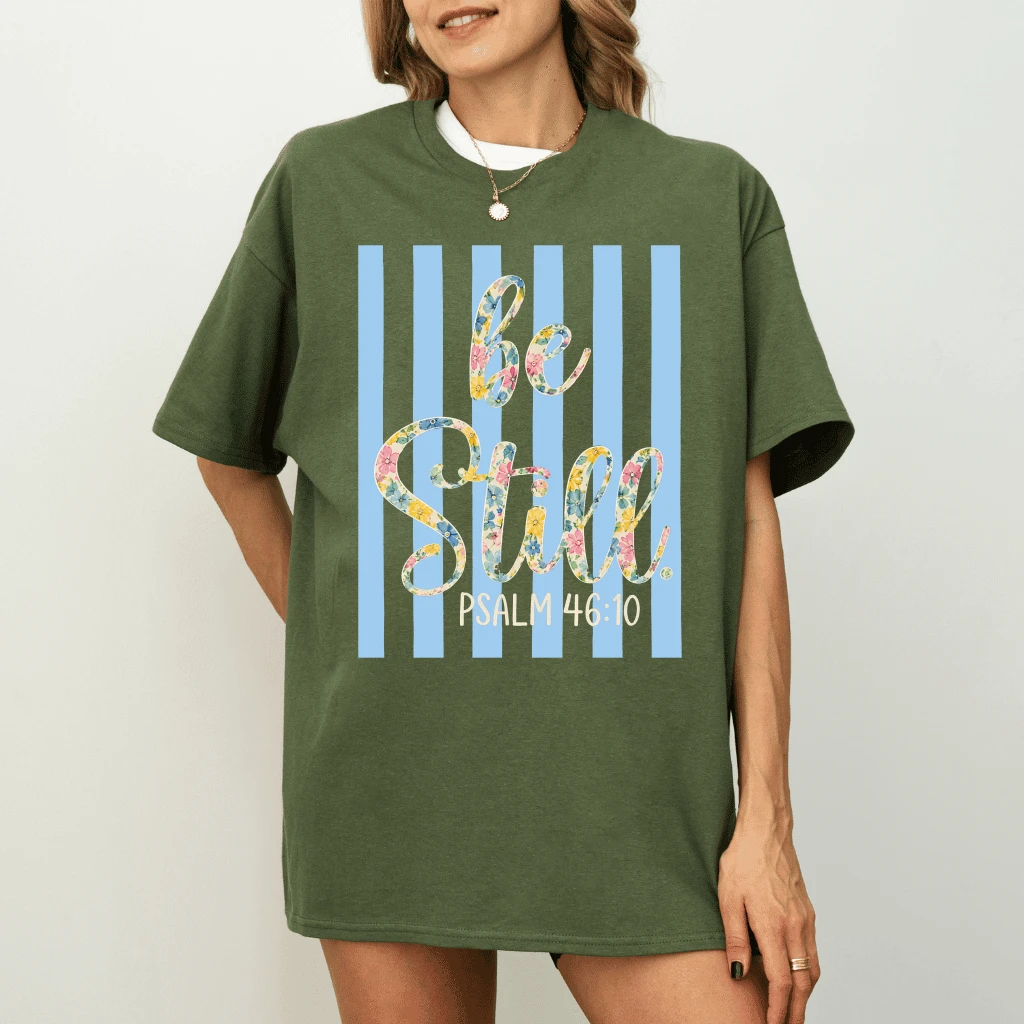 Floral Blue Striped Be Still Psalm 46:10 Jesus Bible T-Shirt - Christian Gift for Her - detail view