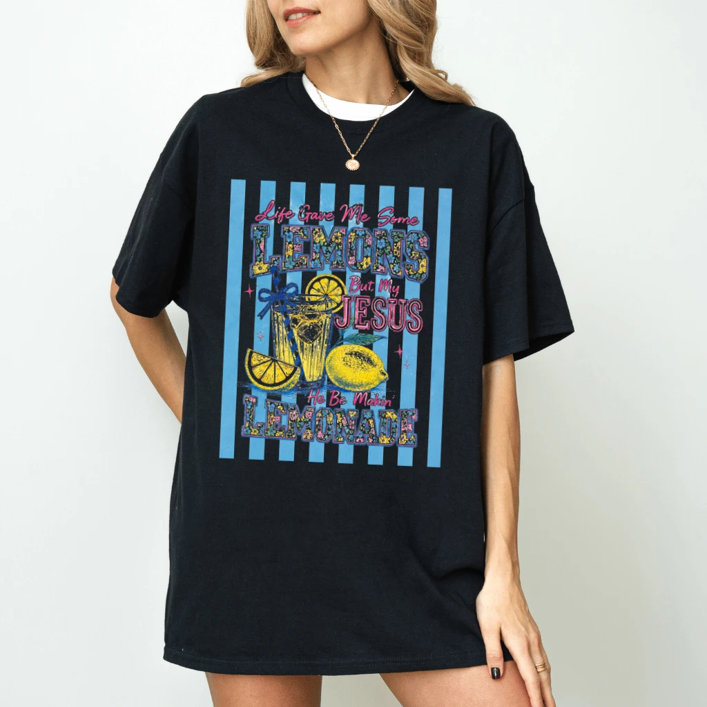 Floral Striped Jesus Lemonade T-shirt - Funny Christian Gift for Her - back view
