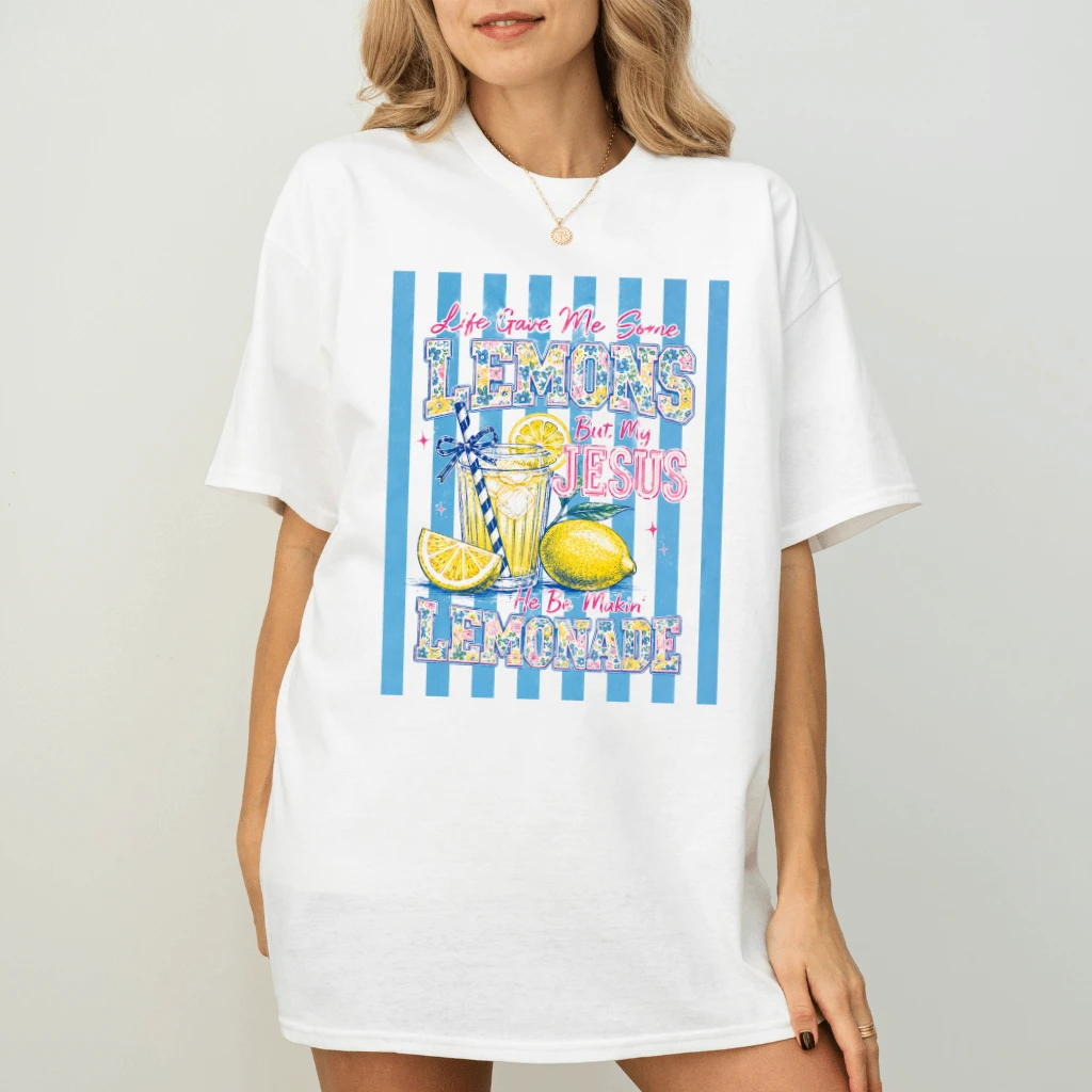 Floral Striped Jesus Lemonade T-shirt - Funny Christian Gift for Her - detail view