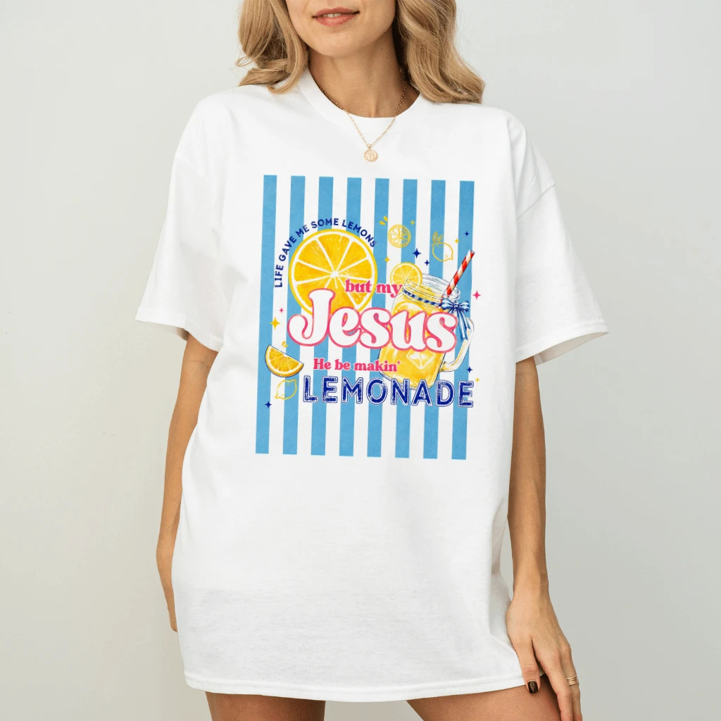 Preppy Floral Striped Jesus Lemonade T-Shirt - Summer Vibes Gift for Her - back view