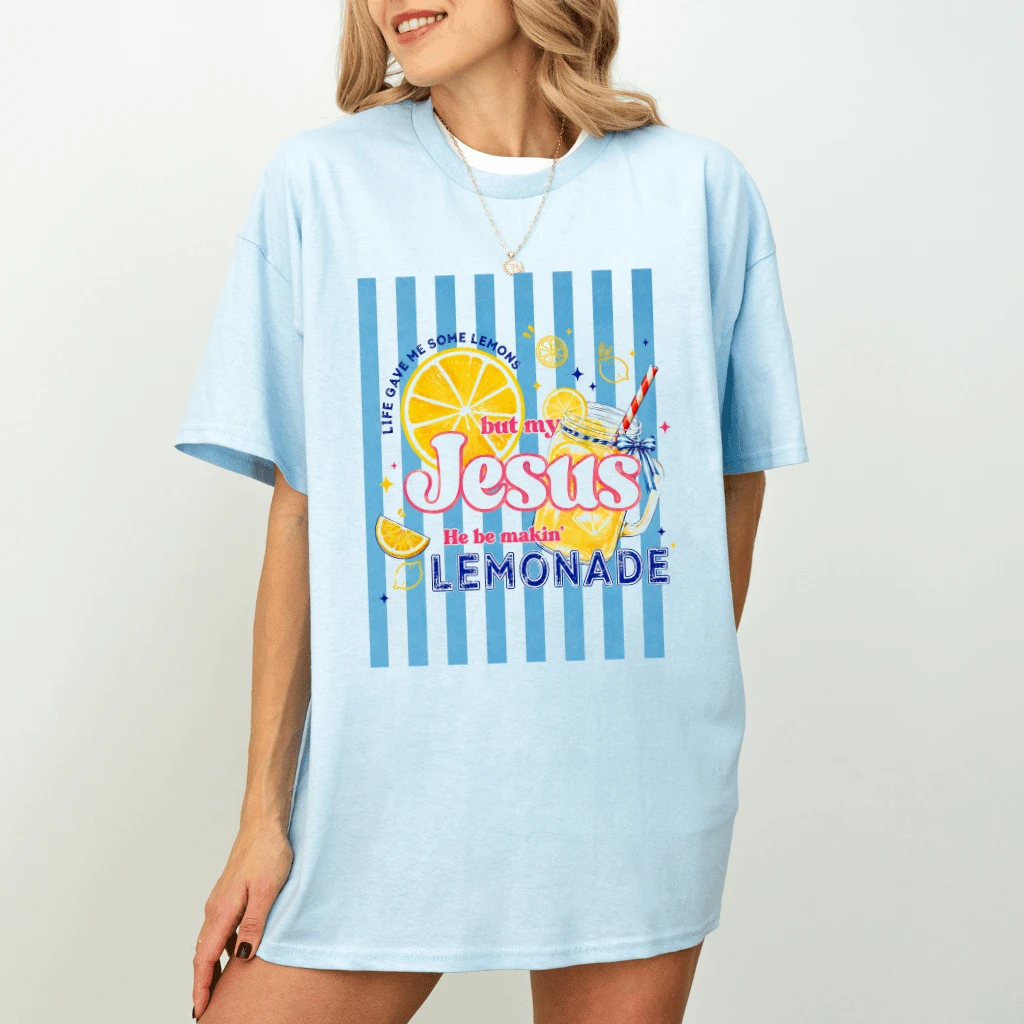 Preppy Floral Striped Jesus Lemonade T-Shirt - Summer Vibes Gift for Her - detail view