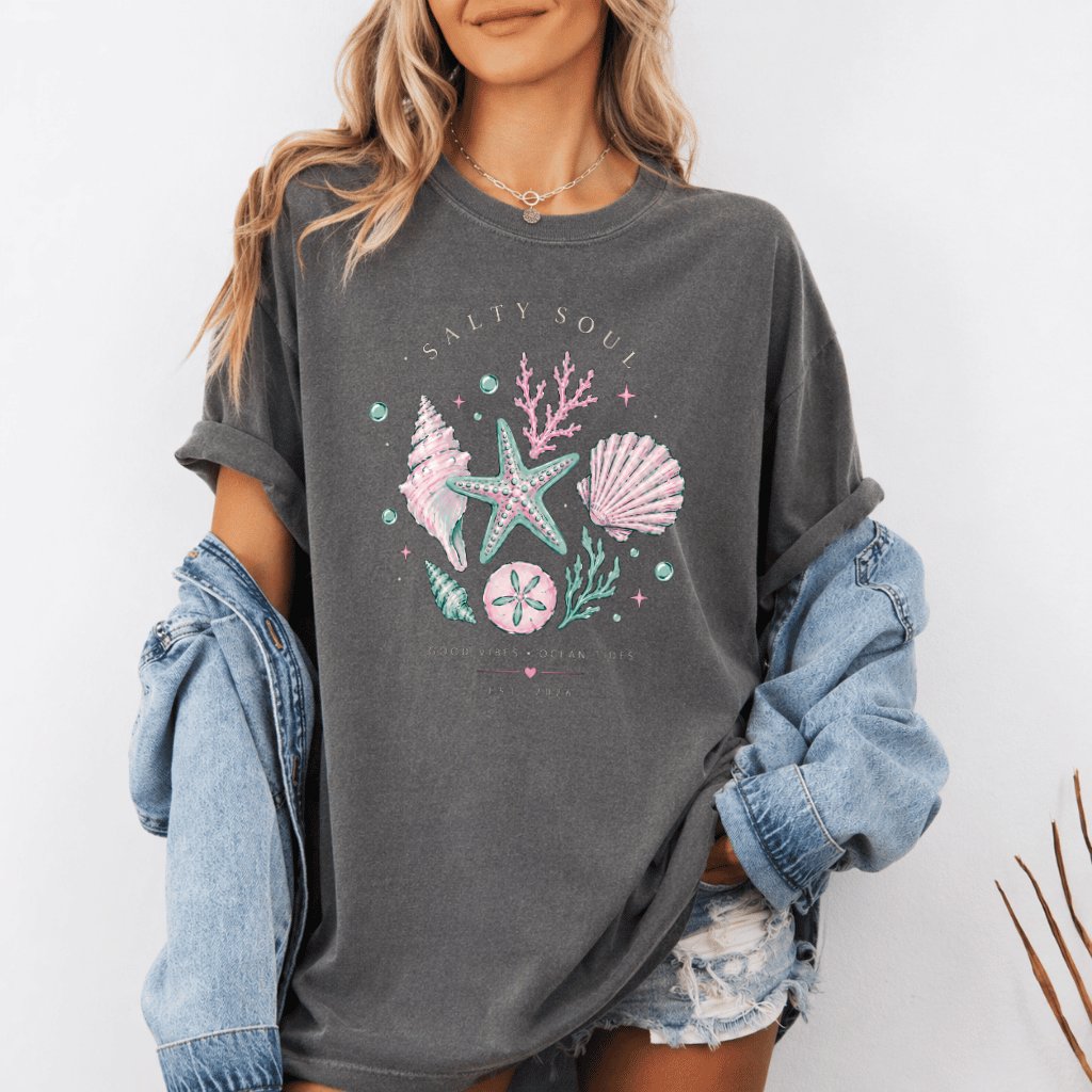 Comfort Colors Salty Soul Seashells Shirt - Good Vibes Ocean Summer Gift for Her - back view