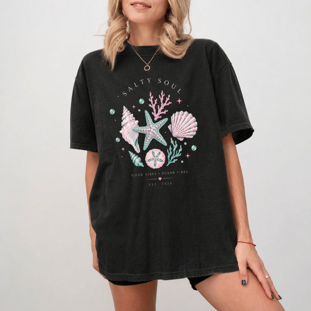 Comfort Colors Salty Soul Seashells Shirt - Good Vibes Ocean Summer Gift for Her - detail view