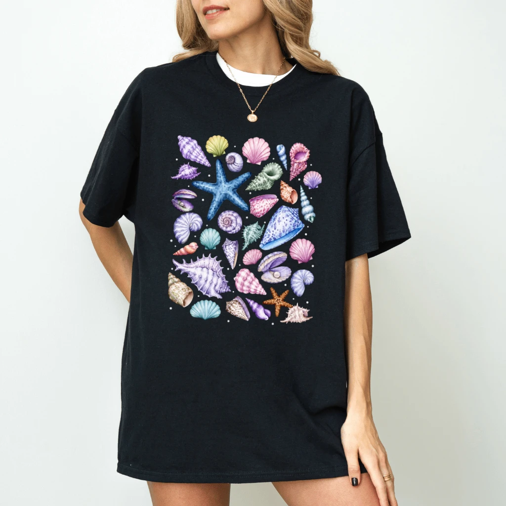 Vintage Coastal Surf Seashells T-Shirt - Funny Summer Beach Gift for Her - back view