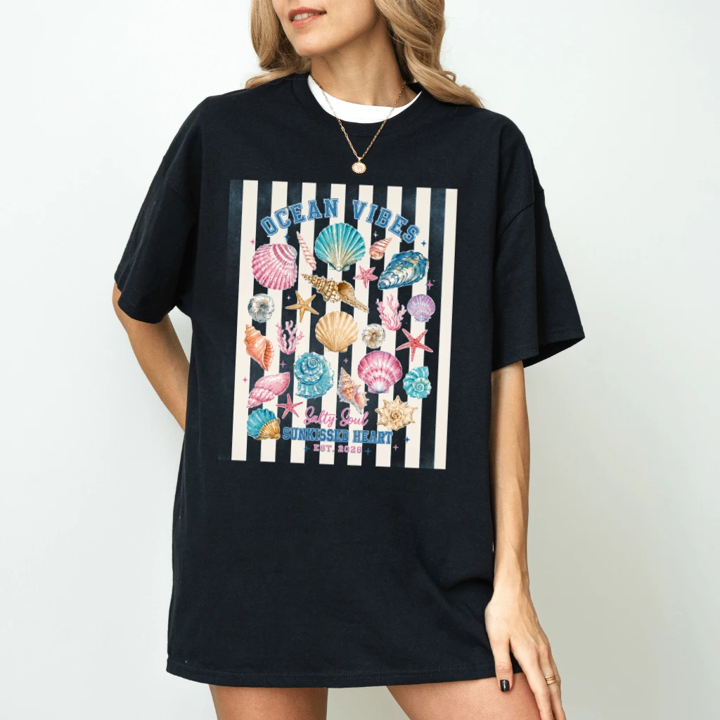 Vintage Ocean Vibes Seashells T-Shirt - Funny Coastal Summer Gift for Her - back view