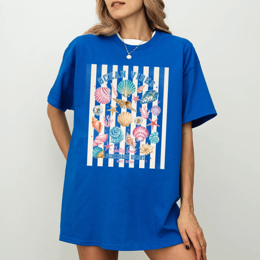 Vintage Ocean Vibes Seashells T-Shirt - Funny Coastal Summer Gift for Her - detail view