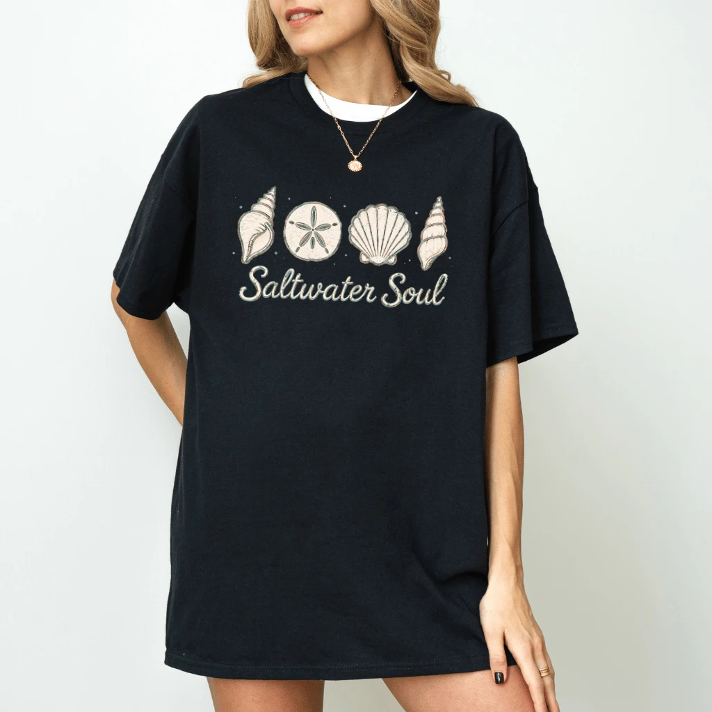 Saltwater Soul Vintage Ocean Seashell T-Shirt - Coastal Summer Gift for Her - back view