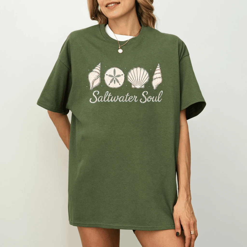 Saltwater Soul Vintage Ocean Seashell T-Shirt - Coastal Summer Gift for Her - detail view