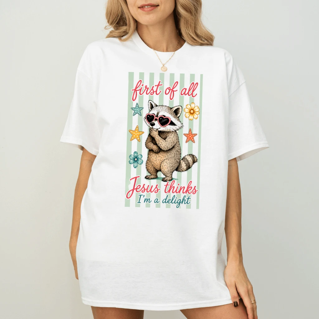 Summer Stripes Jesus Thinks I'm A Delight T-Shirt - Funny Raccoon Christian Gift for Her - back view