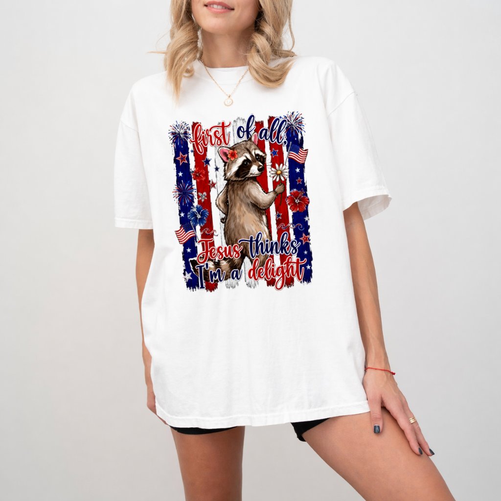 Comfort Colors First of All Jesus Thinks I'm a Delight Funny Raccoon Shirt - Patriotic Raccoon Gift for Her - detail view
