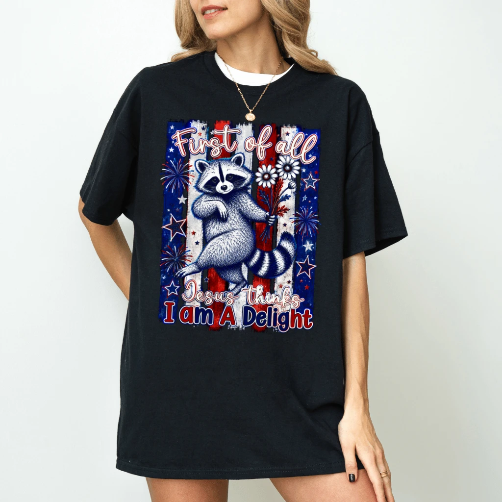 Retro Patriotic Raccoon Christian Humor T-Shirt - Funny 4th of July Gift for Her - back view