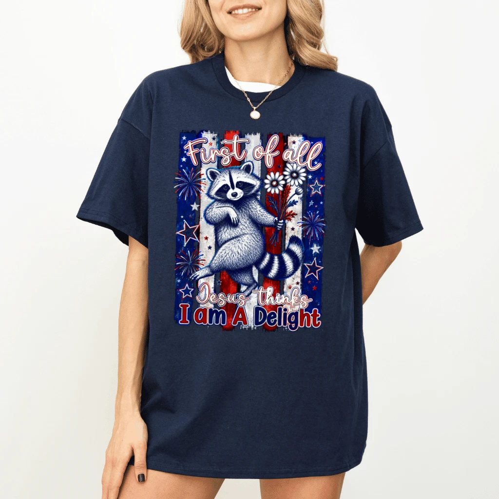 Retro Patriotic Raccoon Christian Humor T-Shirt - Funny 4th of July Gift for Her - detail view
