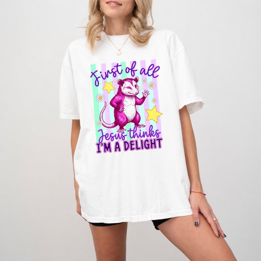 Comfort Colors Preppy Striped Summer Jesus Thinks I'm a Delight Shirt - Funny Mouse Christian Gift for Her - back view