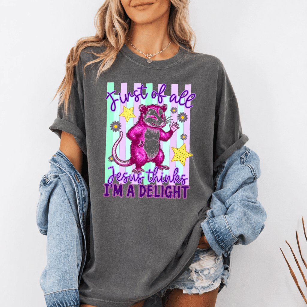 Comfort Colors Preppy Striped Summer Jesus Thinks I'm a Delight Shirt - Funny Mouse Christian Gift for Her - detail view