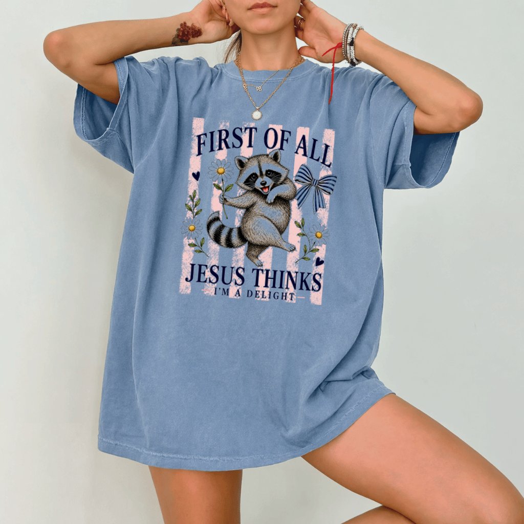 Comfort Colors Faith Based Raccoon Shirt - Jesus Thinks I'm a Delight Shirt - Christian Gift for Her - detail view