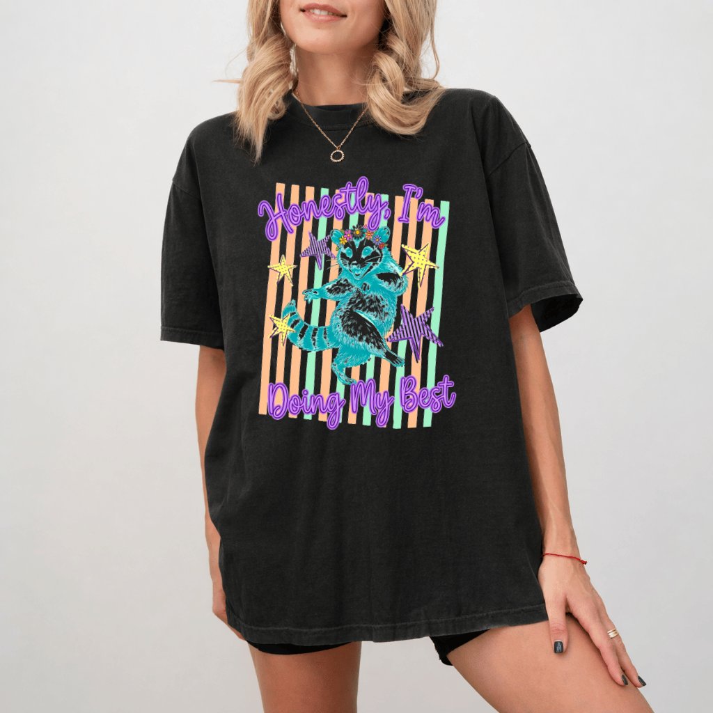 Comfort Colors Funny Raccoon Shirt - Honestly I'm Doing My Best Graphic Shirt - Cute Animal Gift for Her - detail view