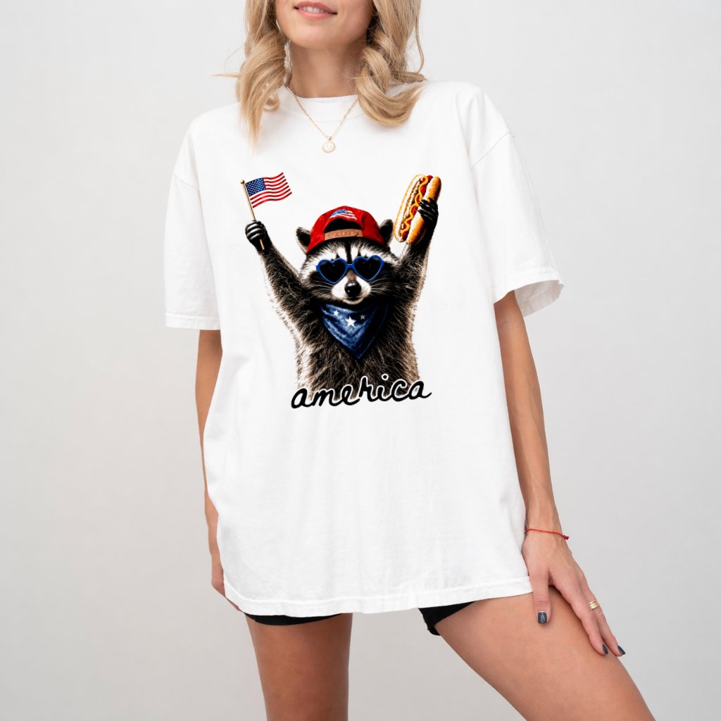 Comfort Colors Cute America Raccoon Hot Dog Shirt - 4th of July Patriotic Gift for Raccoon Lover - detail view
