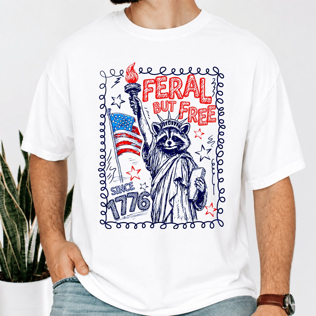 Comfort Colors Feral But Free Funny Raccoon 4th of July Shirt - 250th Independence Anniversary Gift for Him & Her - back view