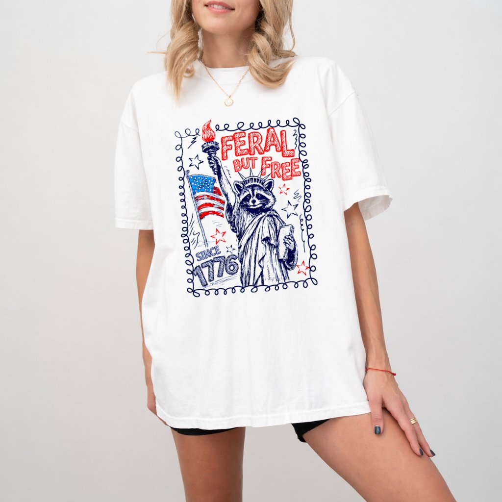 Comfort Colors Feral But Free Funny Raccoon 4th of July Shirt - 250th Independence Anniversary Gift for Him & Her - detail view