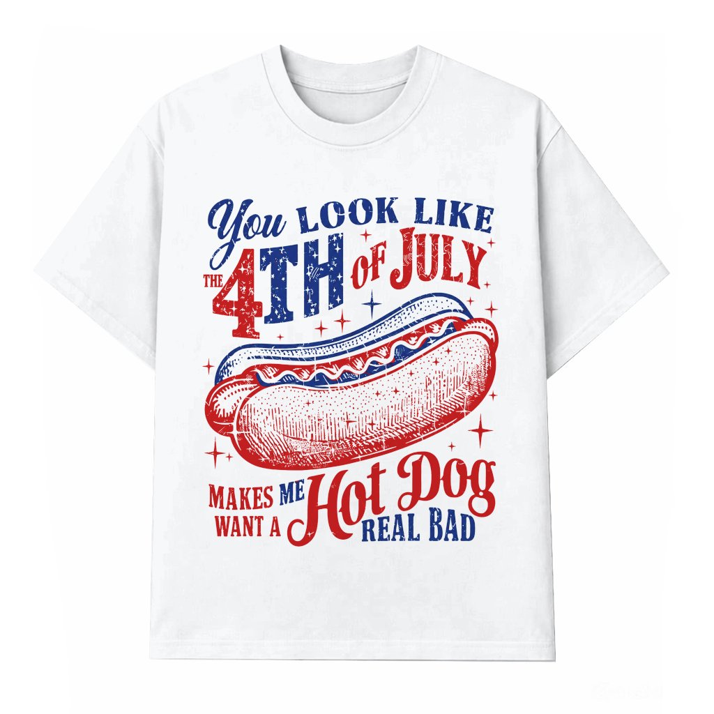 Retro You Look Like the 4th of July Hot Dog T-Shirt - Funny Fourth of July Gift for Him & Her - front view