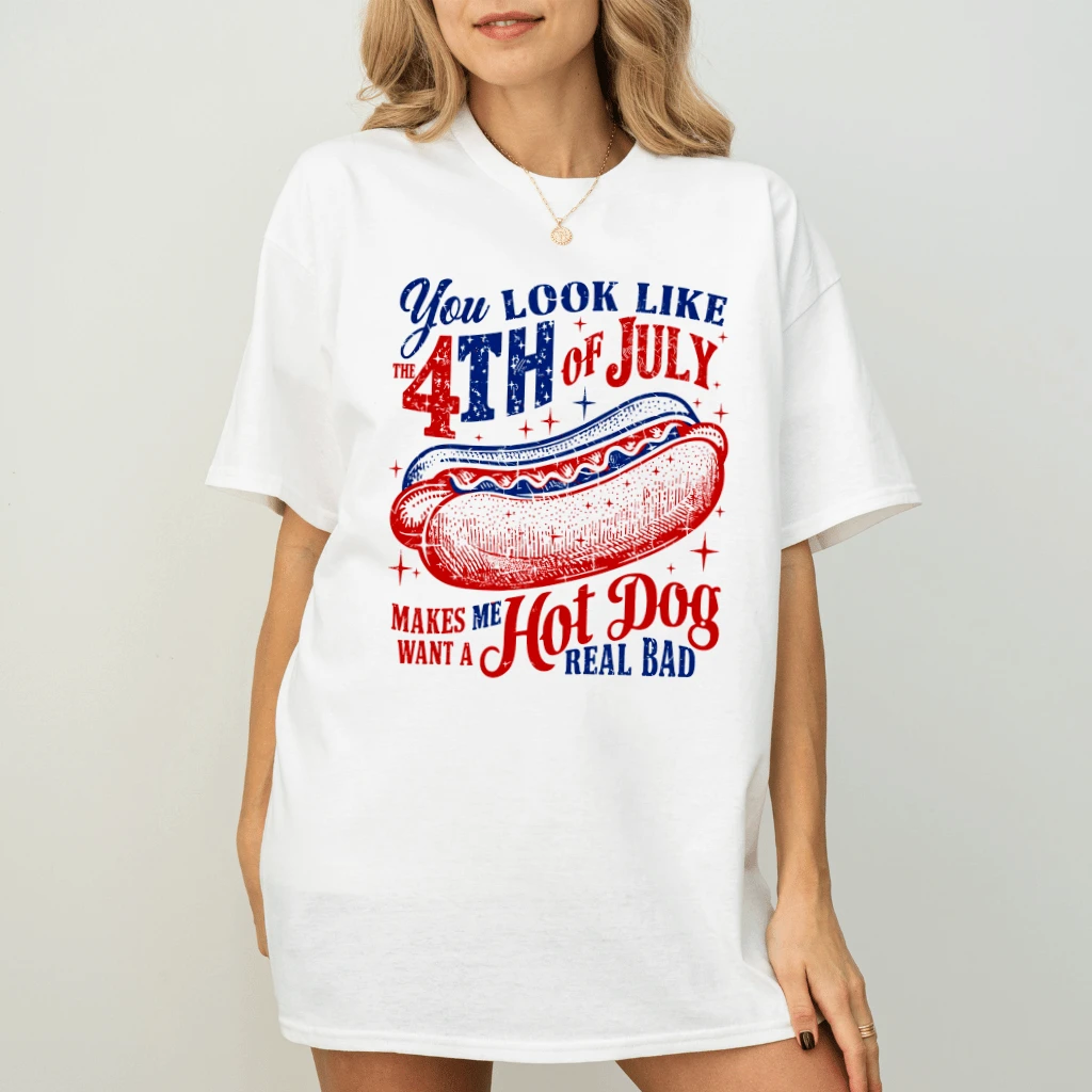 Retro You Look Like the 4th of July Hot Dog T-Shirt - Funny Fourth of July Gift for Him & Her - back view