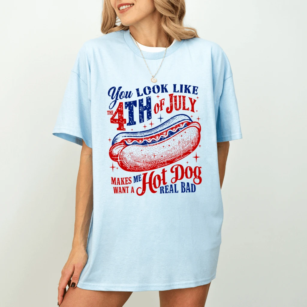 Retro You Look Like the 4th of July Hot Dog T-Shirt - Funny Fourth of July Gift for Him & Her - detail view