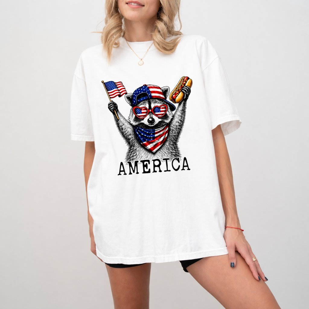 Comfort Colors America Patriotic Raccoon Hot Dog Shirt - Funny USA Patriotic Gift for Raccoon Lover - detail view