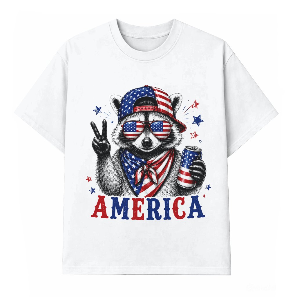 America Patriotic Raccoon T-Shirt - Raccoon Drinking Beer 4th of July Gift for Him & Her - front view