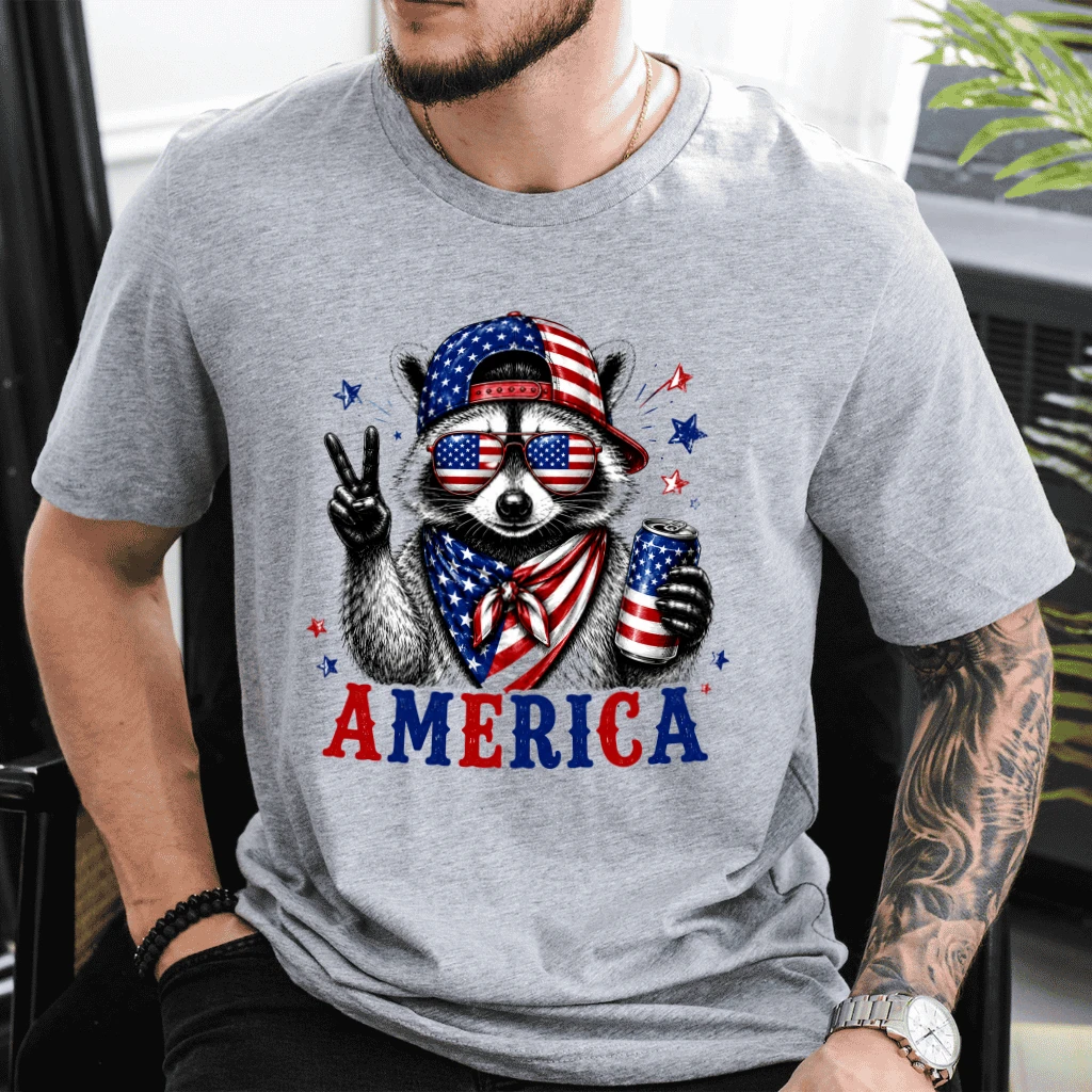 America Patriotic Raccoon T-Shirt - Raccoon Drinking Beer 4th of July Gift for Him & Her - detail view