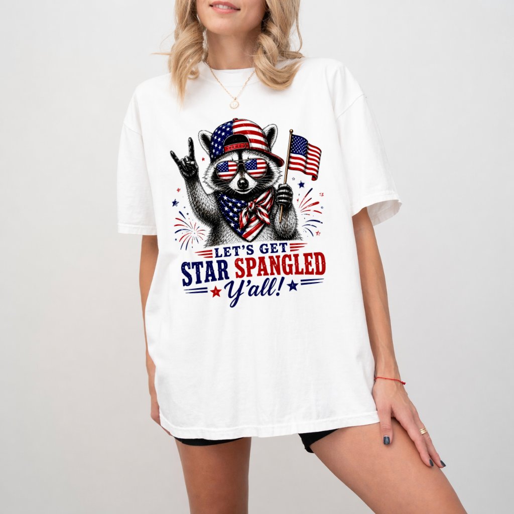 Comfort Colors Let's Get Star Spangled Y'all Funny Patriotic Raccoon Shirt - Raccoon USA 4th of July Gift for Him & Her - detail view