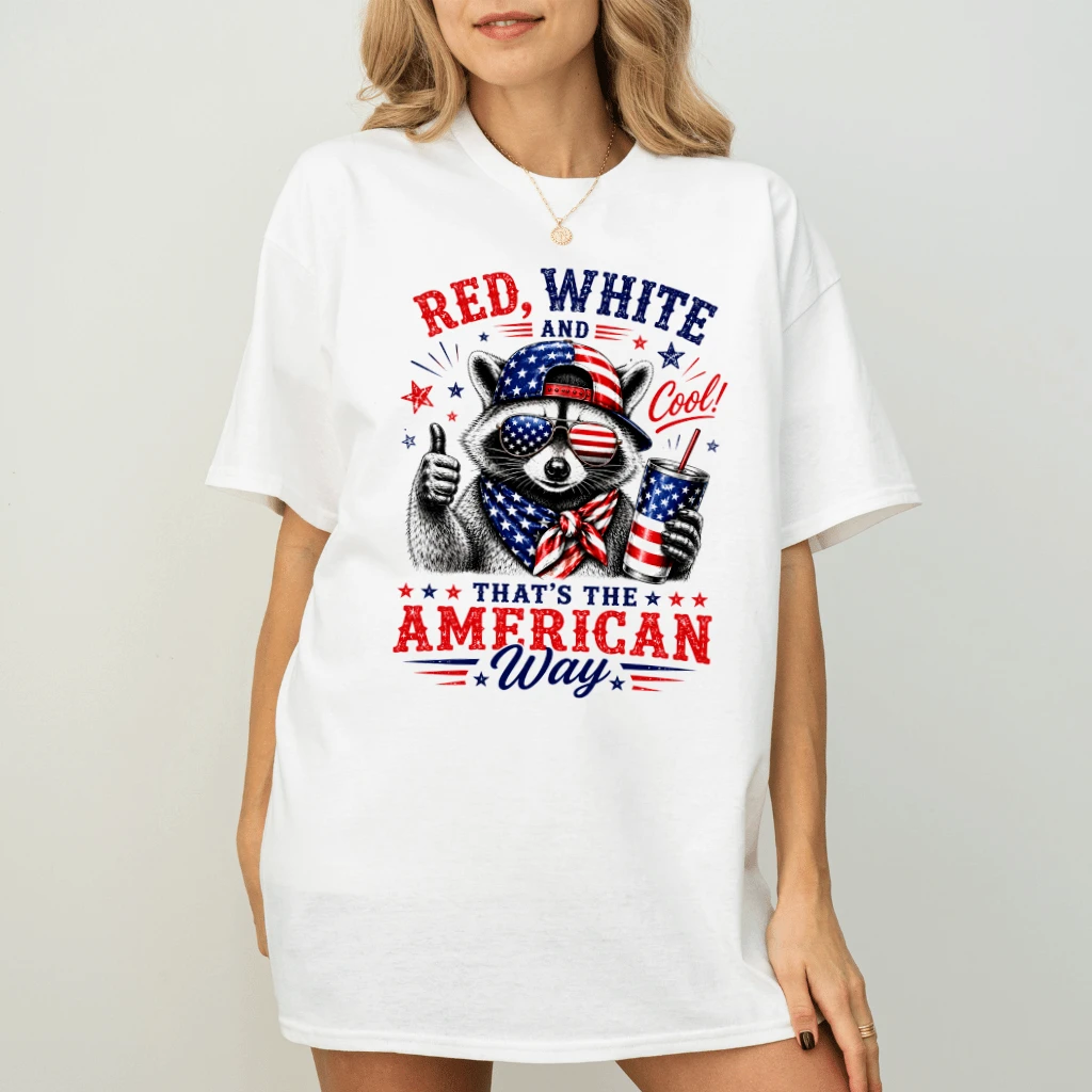 Red White and Feral Patriotic Raccoon T-Shirt - Funny America Trash Panda 4th of July Gift for Him & Her - back view