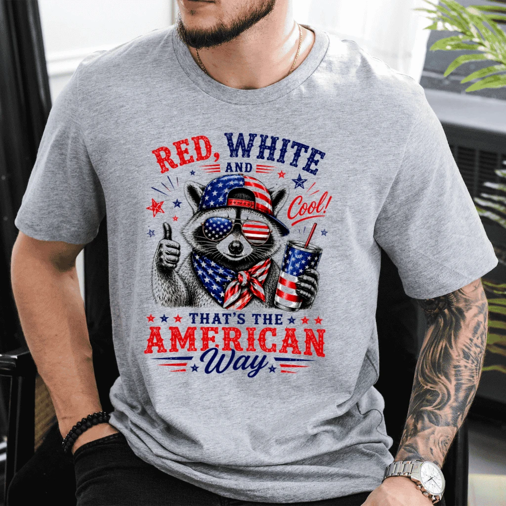 Red White and Feral Patriotic Raccoon T-Shirt - Funny America Trash Panda 4th of July Gift for Him & Her - detail view