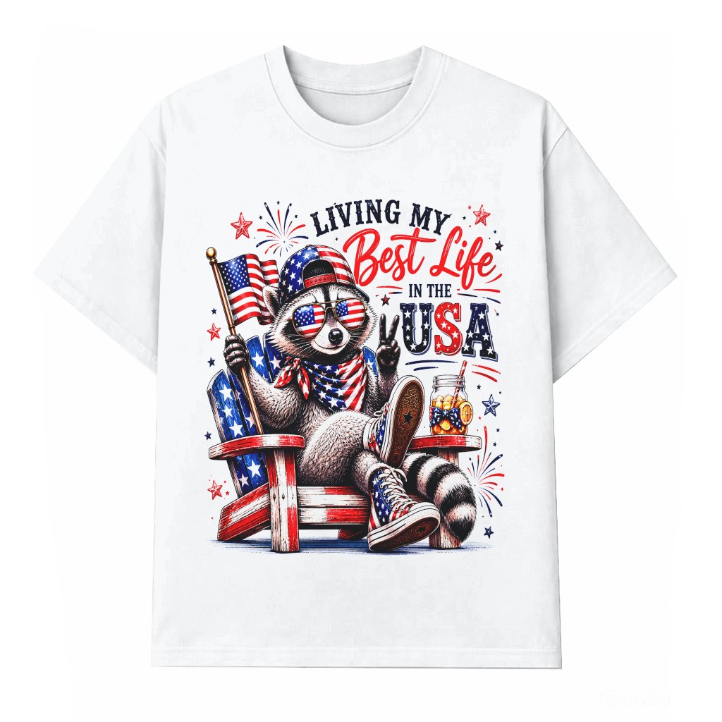 Living My Best Life In The USA Funny Patriotic Raccoon T-Shirt - 4th of July Gift for Raccoon Lover - front view