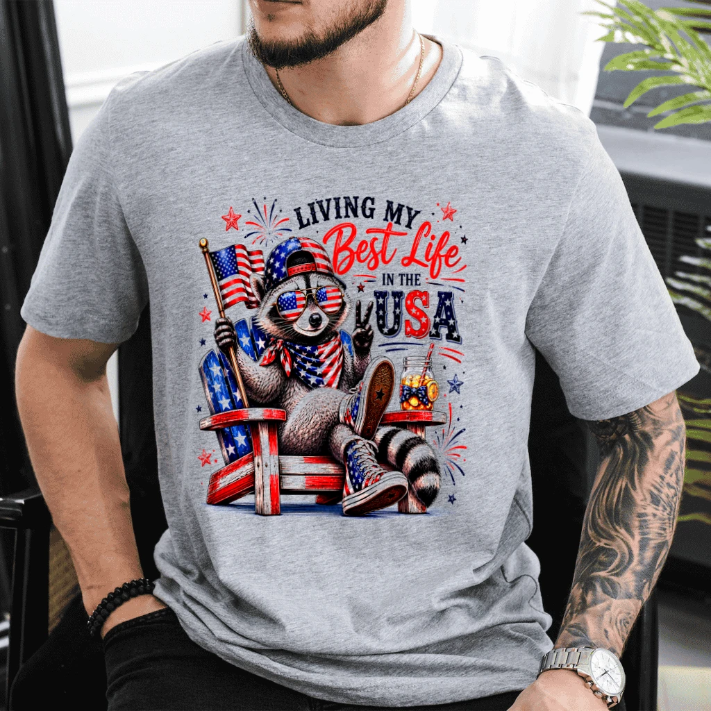 Living My Best Life In The USA Funny Patriotic Raccoon T-Shirt - 4th of July Gift for Raccoon Lover - back view