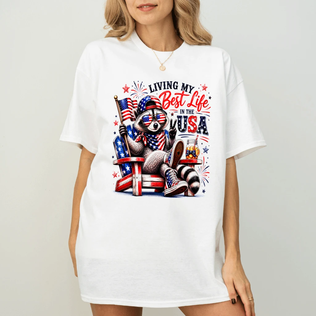 Living My Best Life In The USA Funny Patriotic Raccoon T-Shirt - 4th of July Gift for Raccoon Lover - detail view